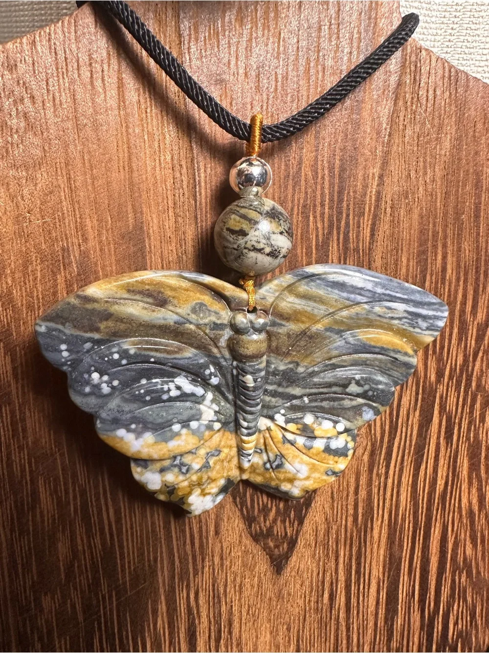 Handcrafted Ocean Jasper Butterfly Pendant Necklace-Green & Gold on Black Rope